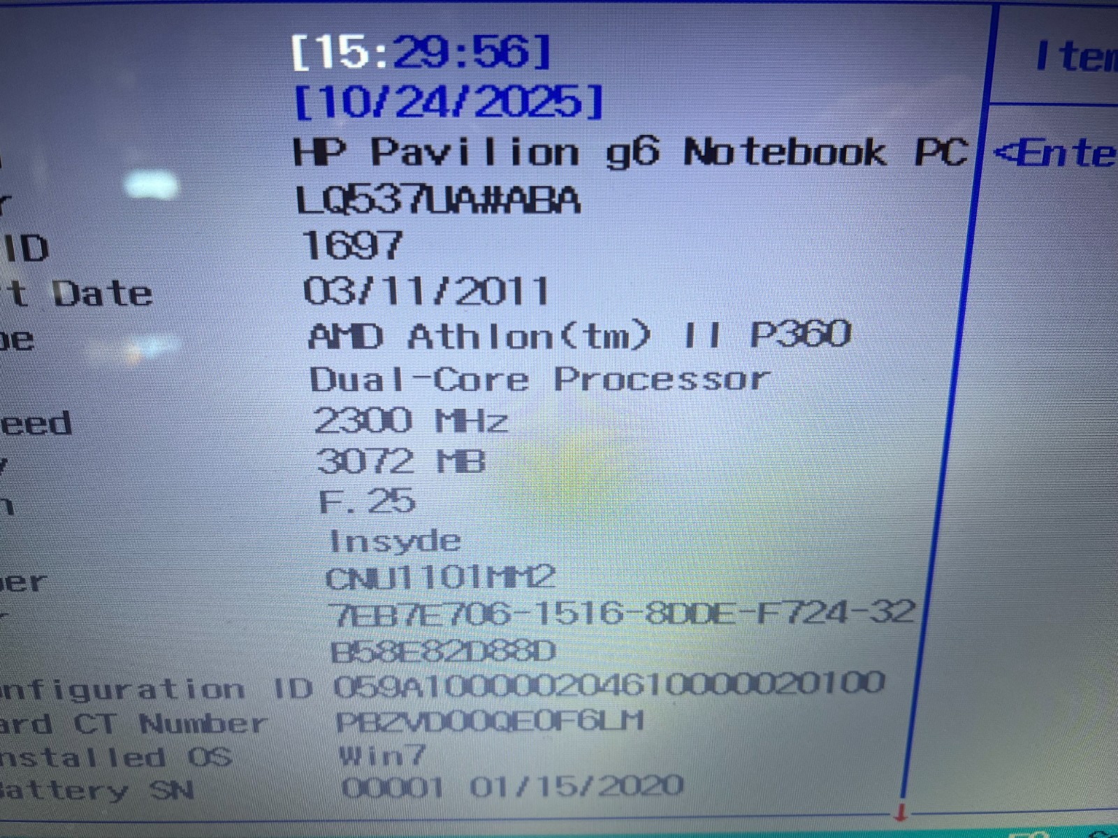 HP G6 AMD Athlon(tm) II P360 Dual-core 2300MHz 3GB No HDD No OS Parts only