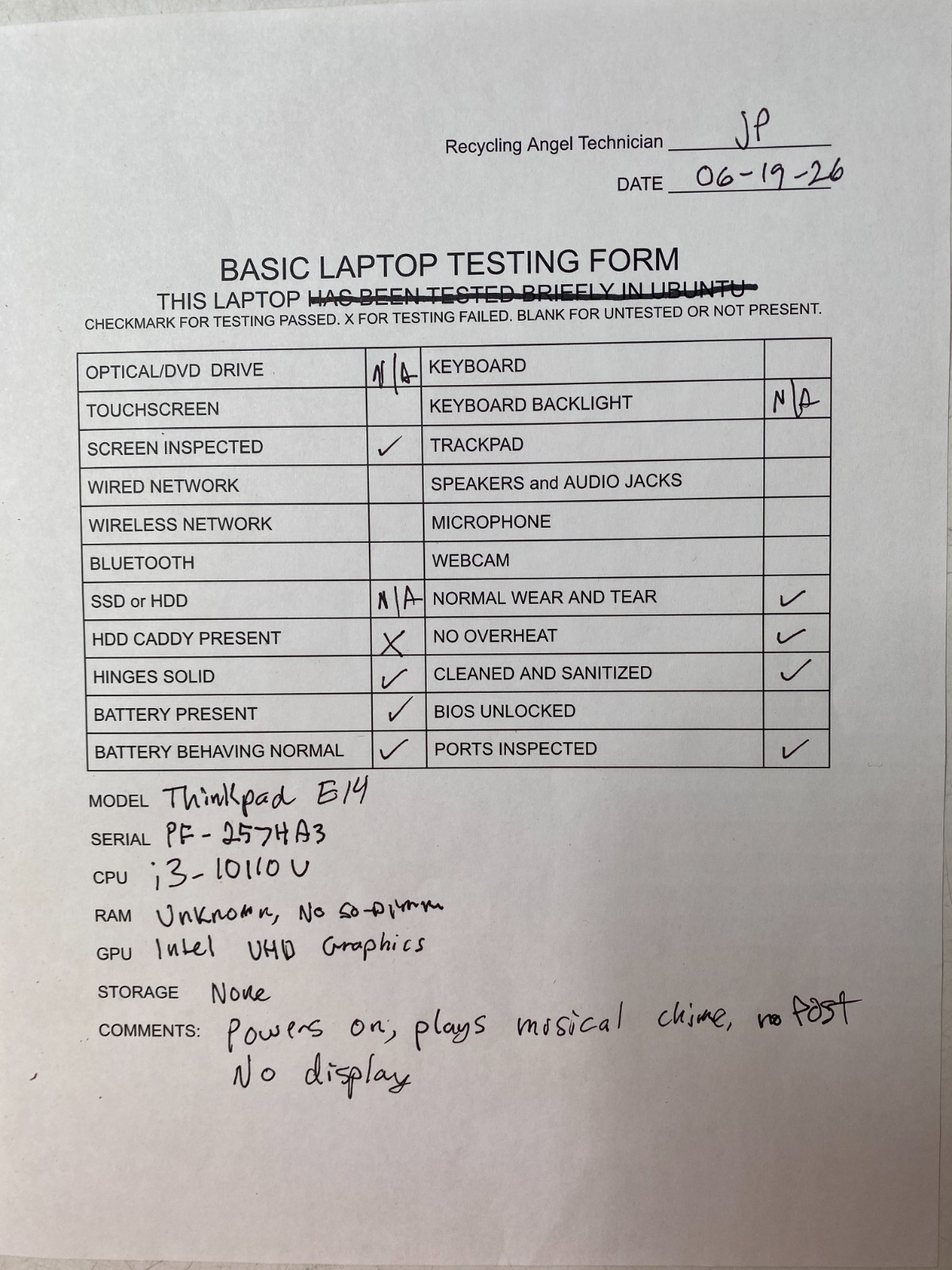 Lenovo Thinkpad E14 i3-10110u No RAM/SSD – Plays Chime, No POST PARTS