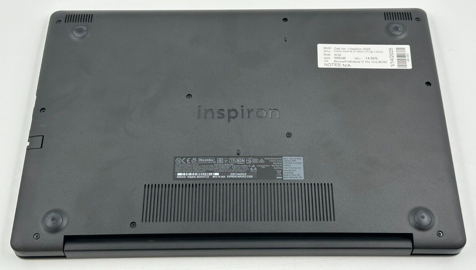 DELL INSPIRON 3593 LAPTOP CORE i3-1005g1 @ 1.20Ghz 8GB RAM 506GB SSD (lp481)