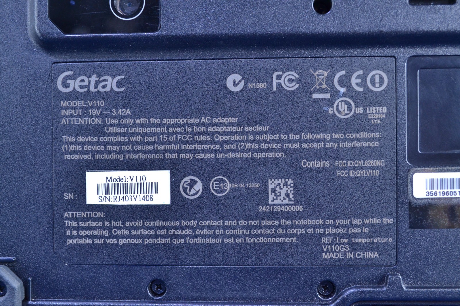 Getac V110 G3 Rugged Laptop i7-6600U/ 8GB/ No HDD/ No OS (J111204)