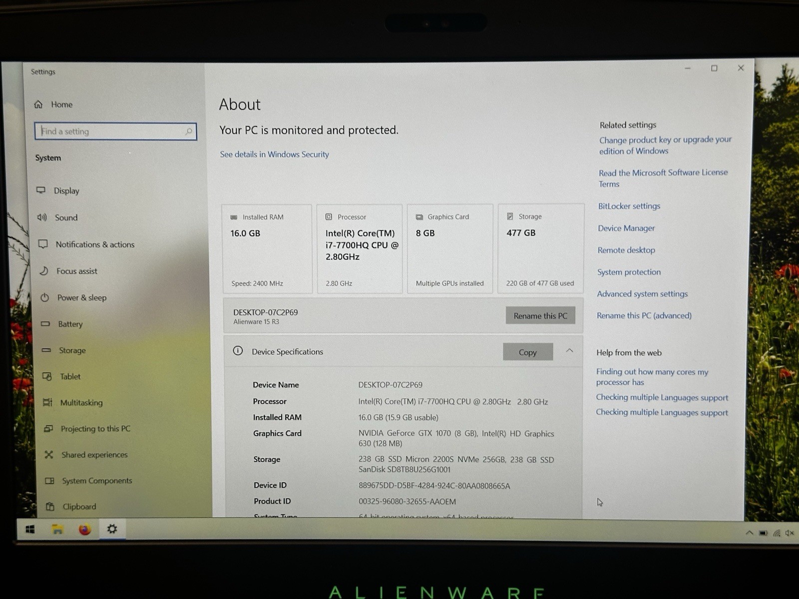 ALIENWARE 15 15.6in Gaming Laptop i7-7700HQ 16GB Ram 512GB GTX 1070 8GB