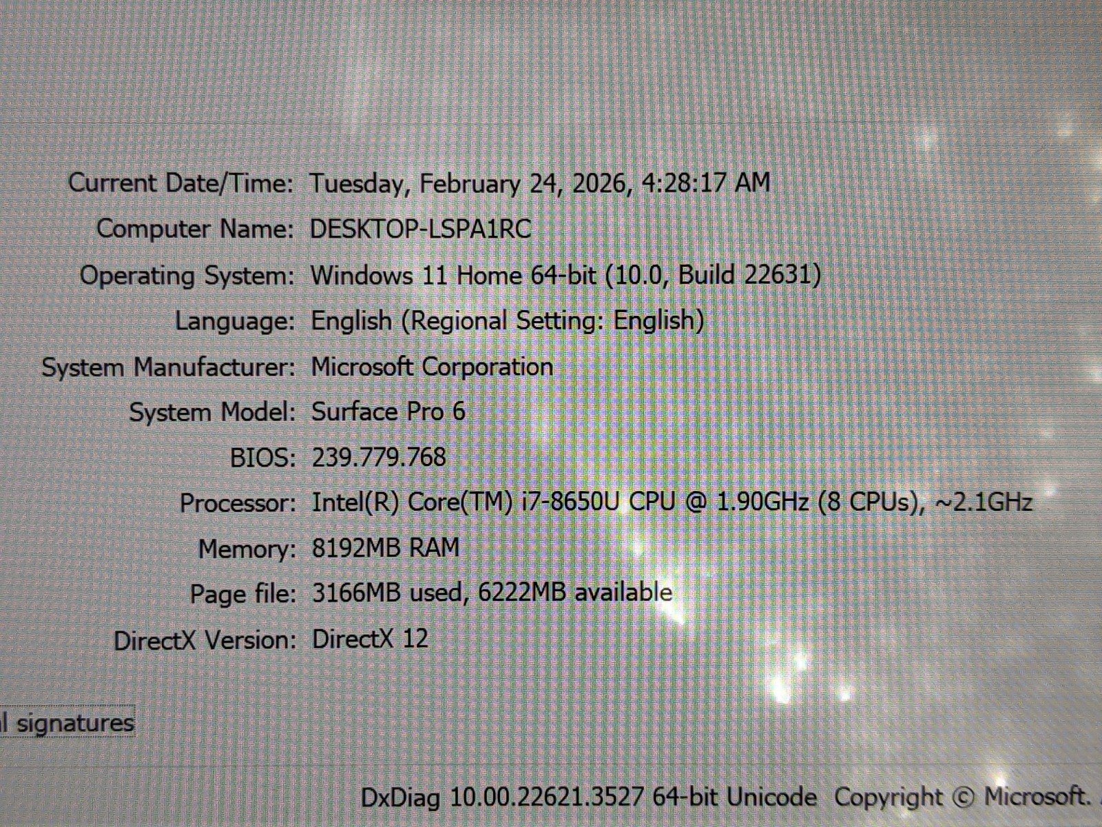 MS Surface Pro 6 1796 12.3″ 2736×1824 TOUCH i7-8650U 1.9GHz 8GB 256GB SSD AS-IS