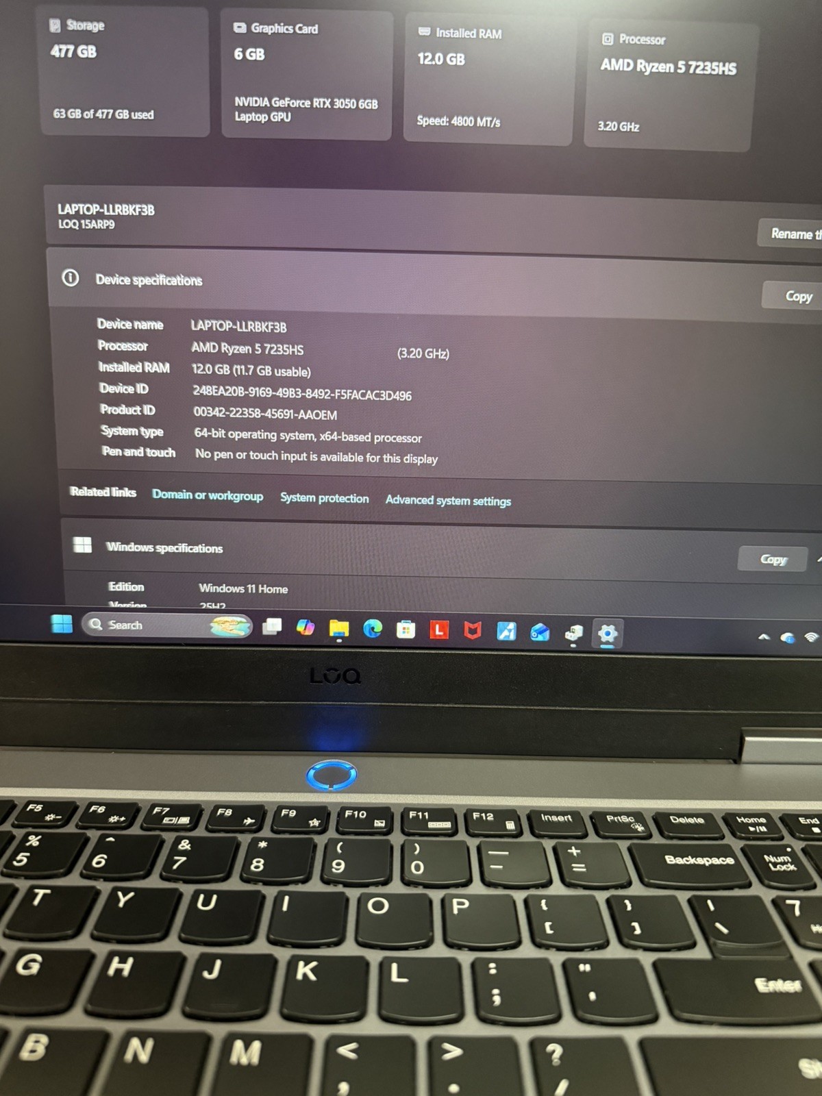 Lenovo LOQ 15ARP9 15.6″ Ryzen 5 7235HS 12GB 477GB SSD RTX 3050