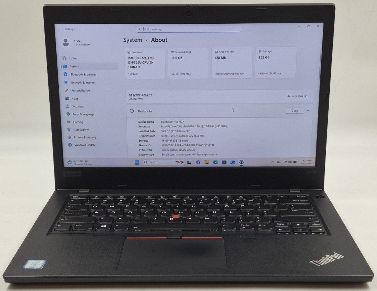 Lenovo ThinkPad L490 i5-8365U 1.60GHz 16GB RAM 256GB NVMe W11P Laptop