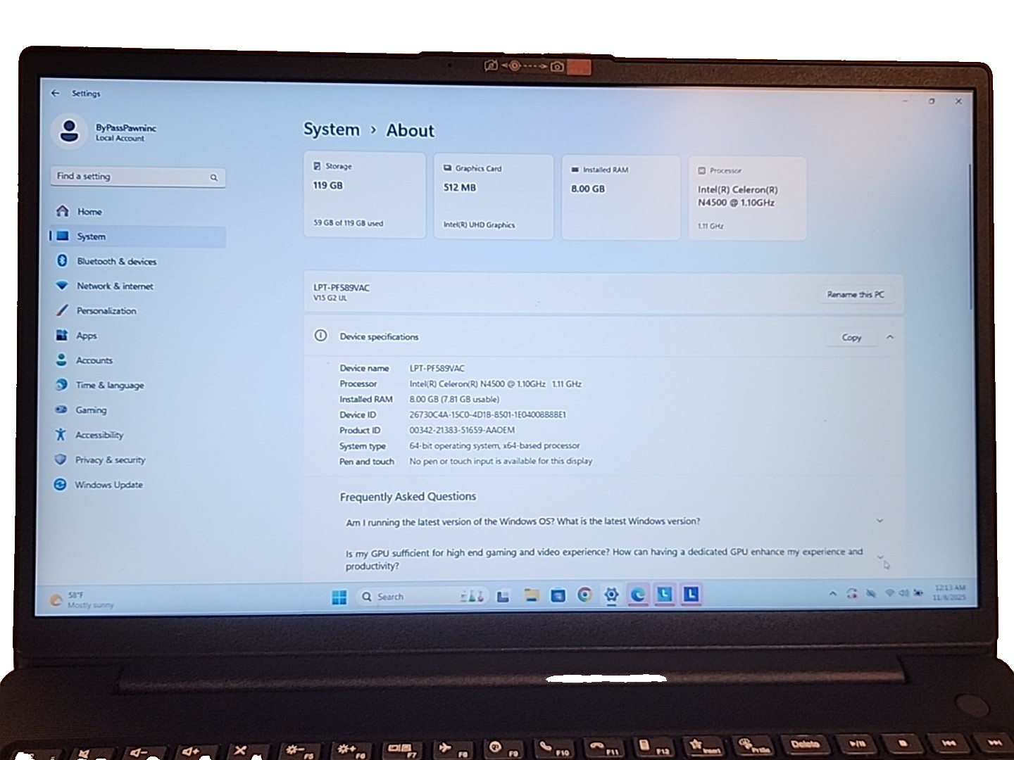 Lenovo V15 G2 15.6″ FHD Anti-Glare Business Laptop, Intel Celeron N4500, 8GB RAM