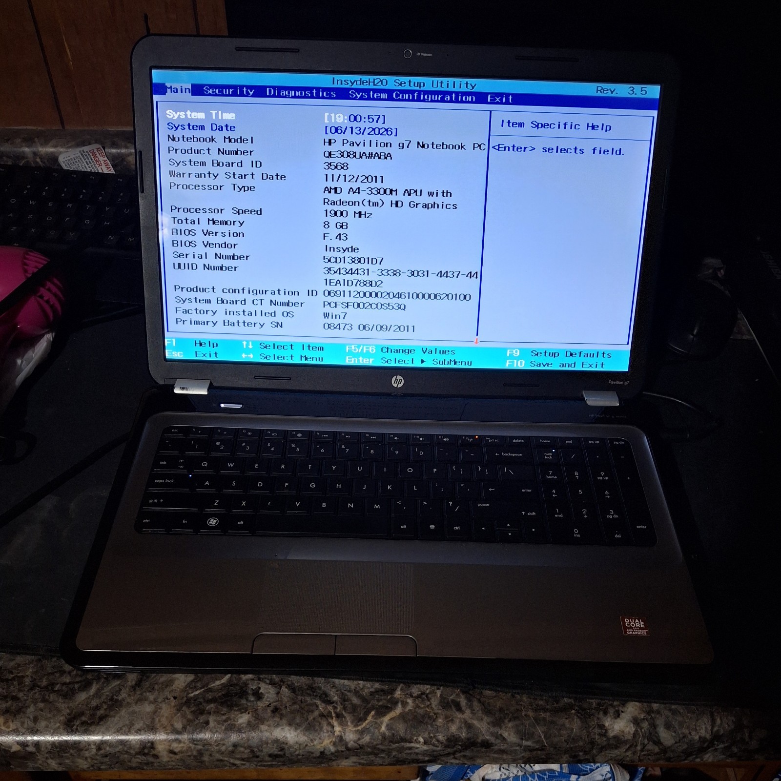HP Pavilion g7 Notebook AMD A4-3300M 1.90GHz 8GB No HDD + Charger