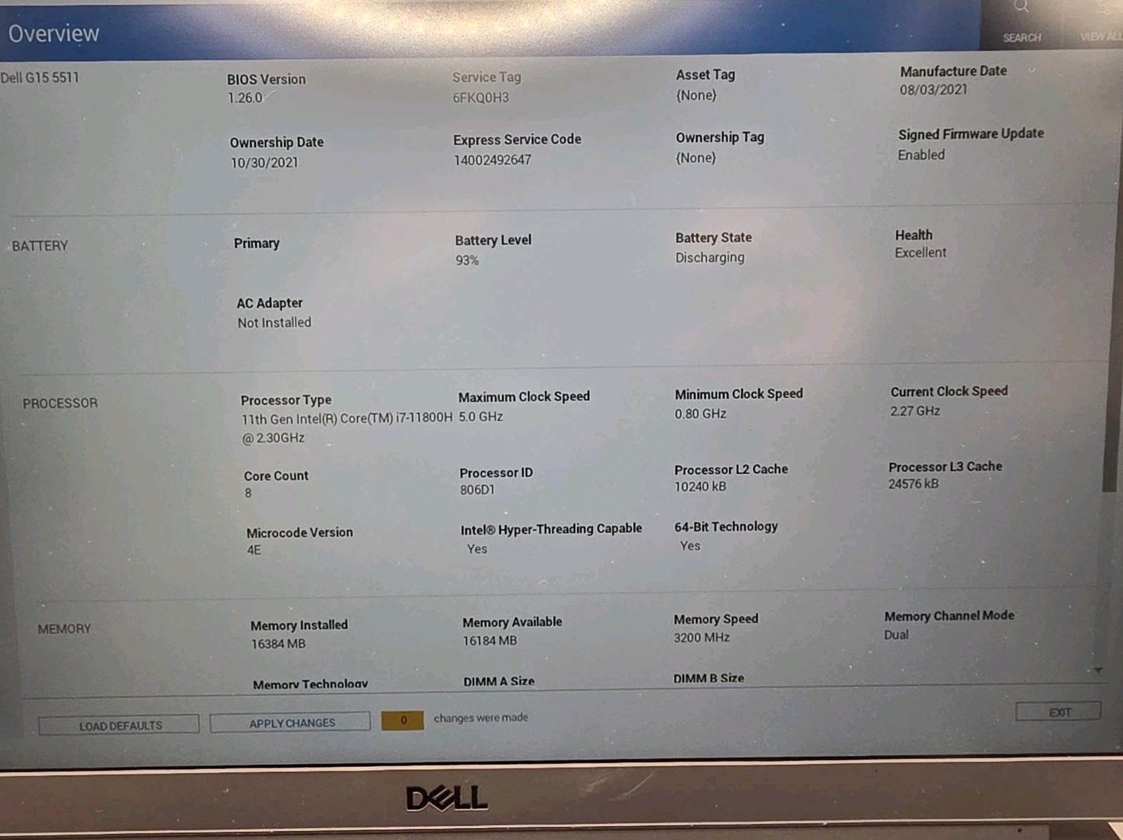 Dell G15 5511 15.6 Gray 165Hz Intel Core i7-11800H 16GB 512 GB SSD RTX 3050 Ti