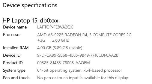 HP laptop15-db0083nr AMD A6-9225 Dual-Core proceesor, 1TB HDD 4GB Ram