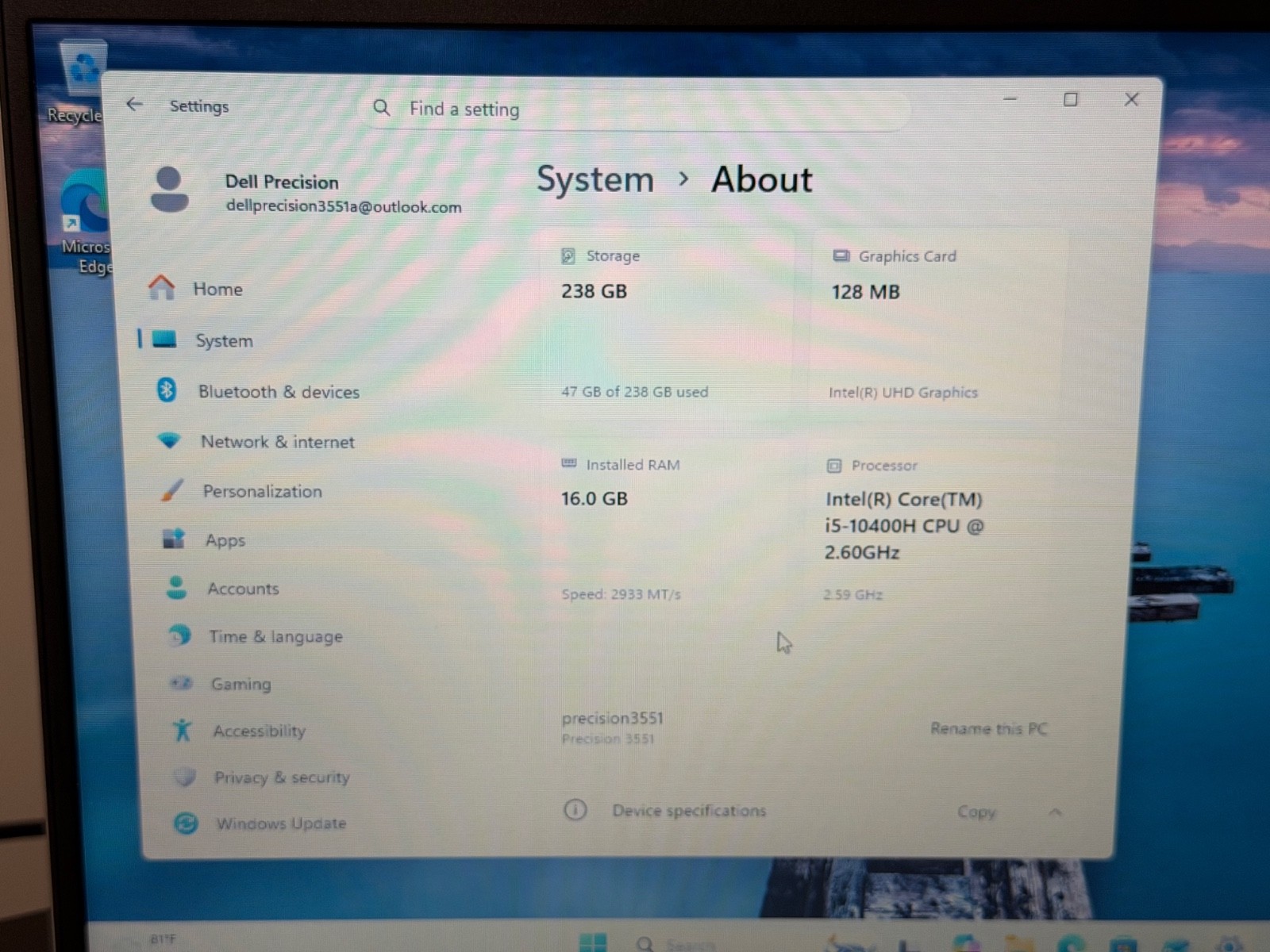 Dell Precision 3551 Laptop 2.6 GHz i5-10400H 16GB RAM 256GB SSD 15.6″ HD Screen