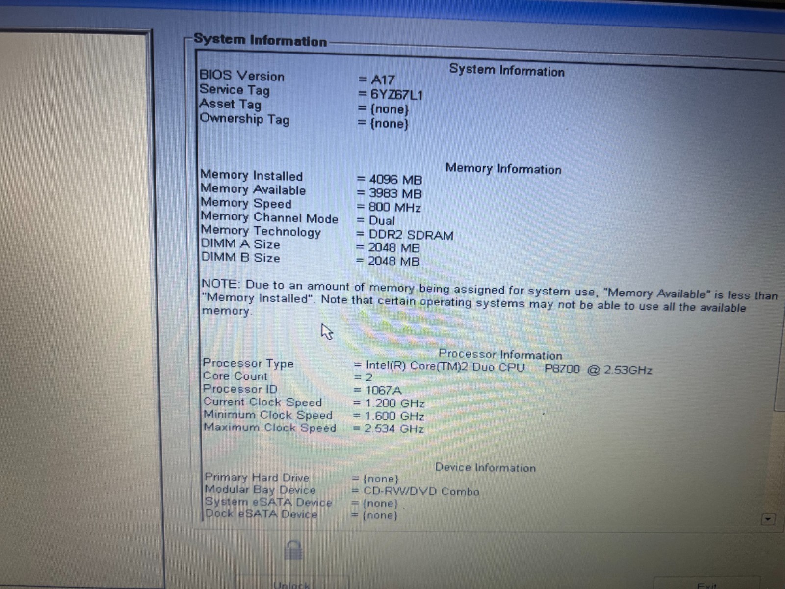 Dell Latitude E6400 Intel Core 2 Duo P8600 2.4GHz 3 GB NO HDD