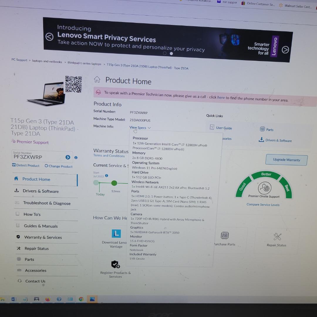 Lenovo ThinkPad T15p G3 15.6″ FHD i7 16GB 1GB SSD RTX 3050 4GB W11P 21DA000PUS