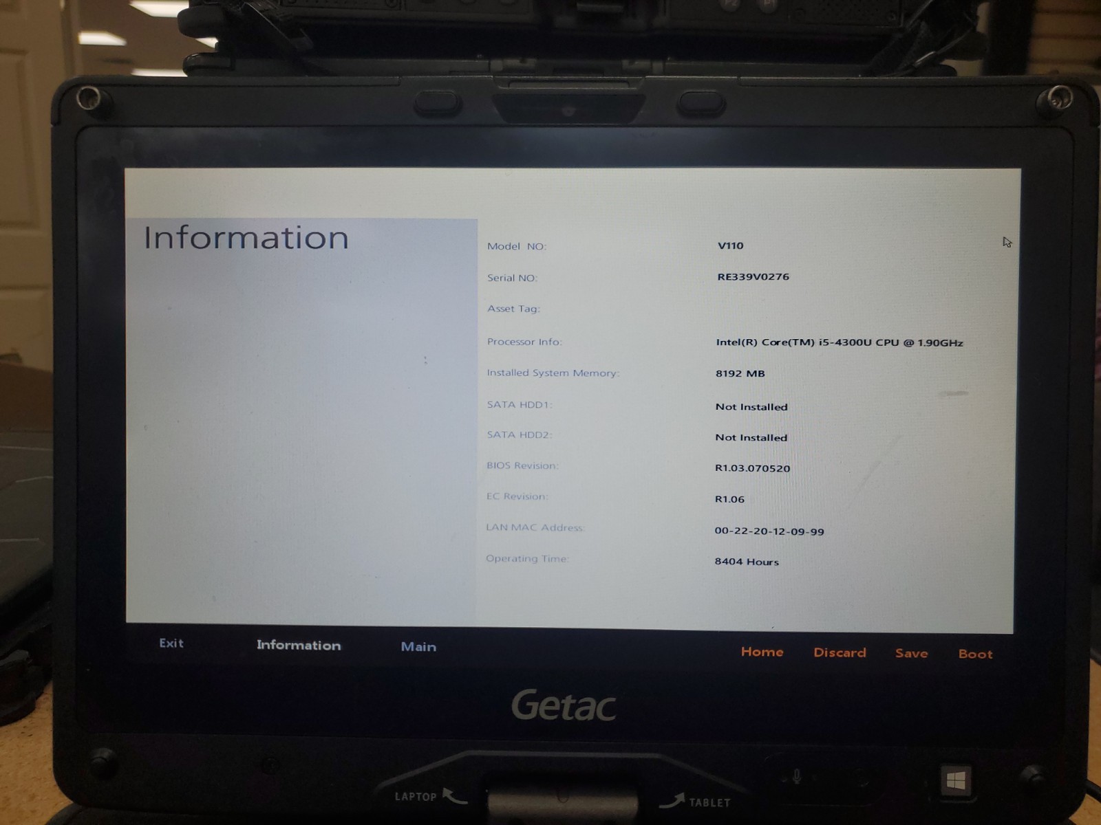 GETAC V110 Laptop Tablet Touch Screen i5-4300U 1.90GHz 8gB No HDD 8404hrs