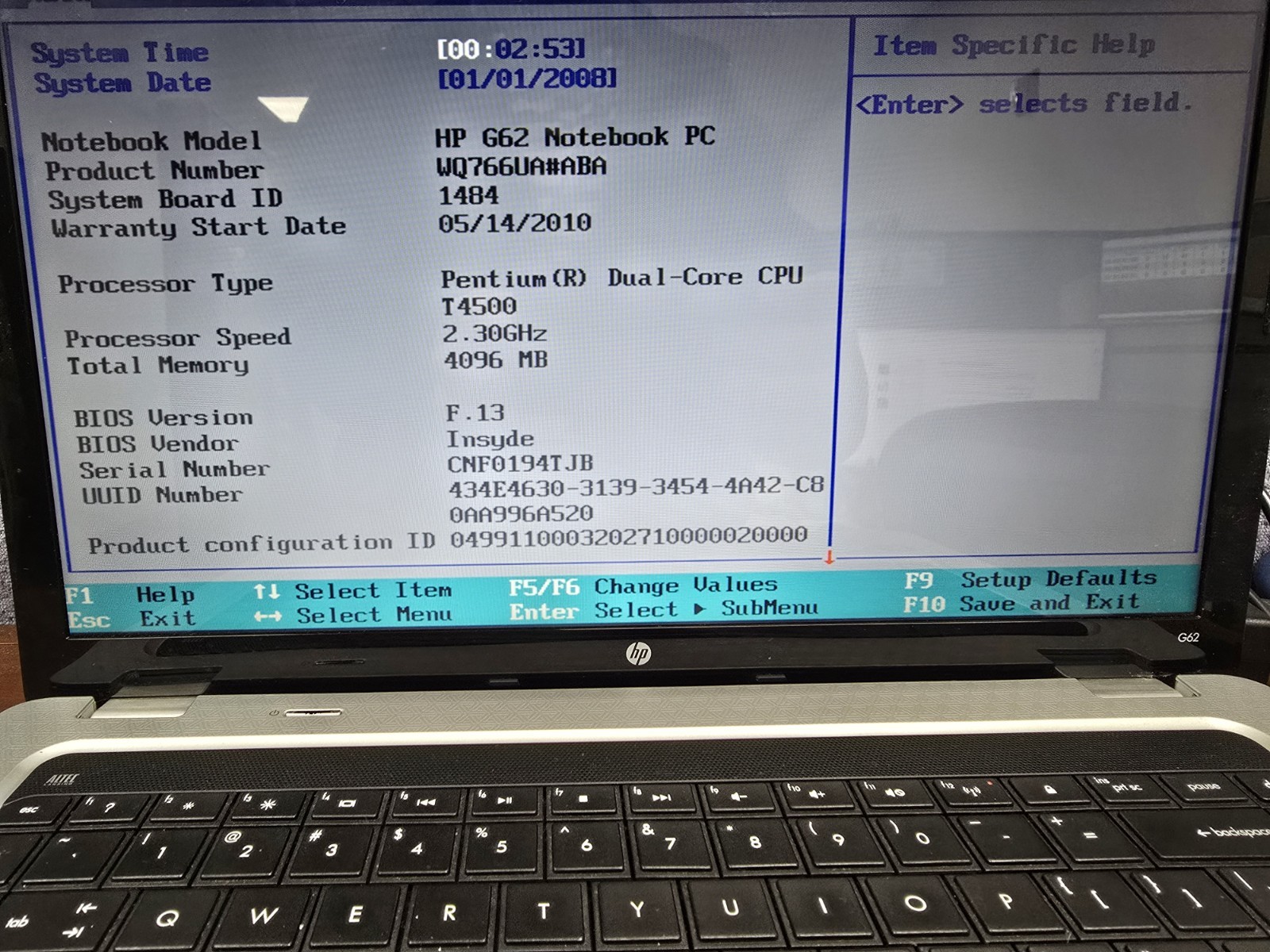 HP Pavilion G62-228CL laptop 4GB RAM – NO HARD DRIVE/CMOS BAT DEAD PARTS ONLY