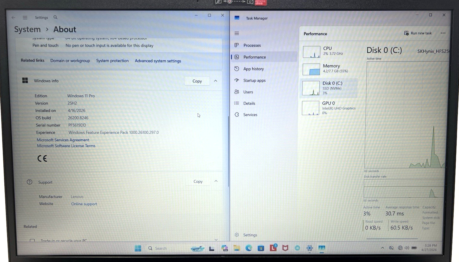 Lenovo V15 G4 IRU 2024 8GB 256GB Intel i3 1.20GHz Win 11 Pro Black Laptop