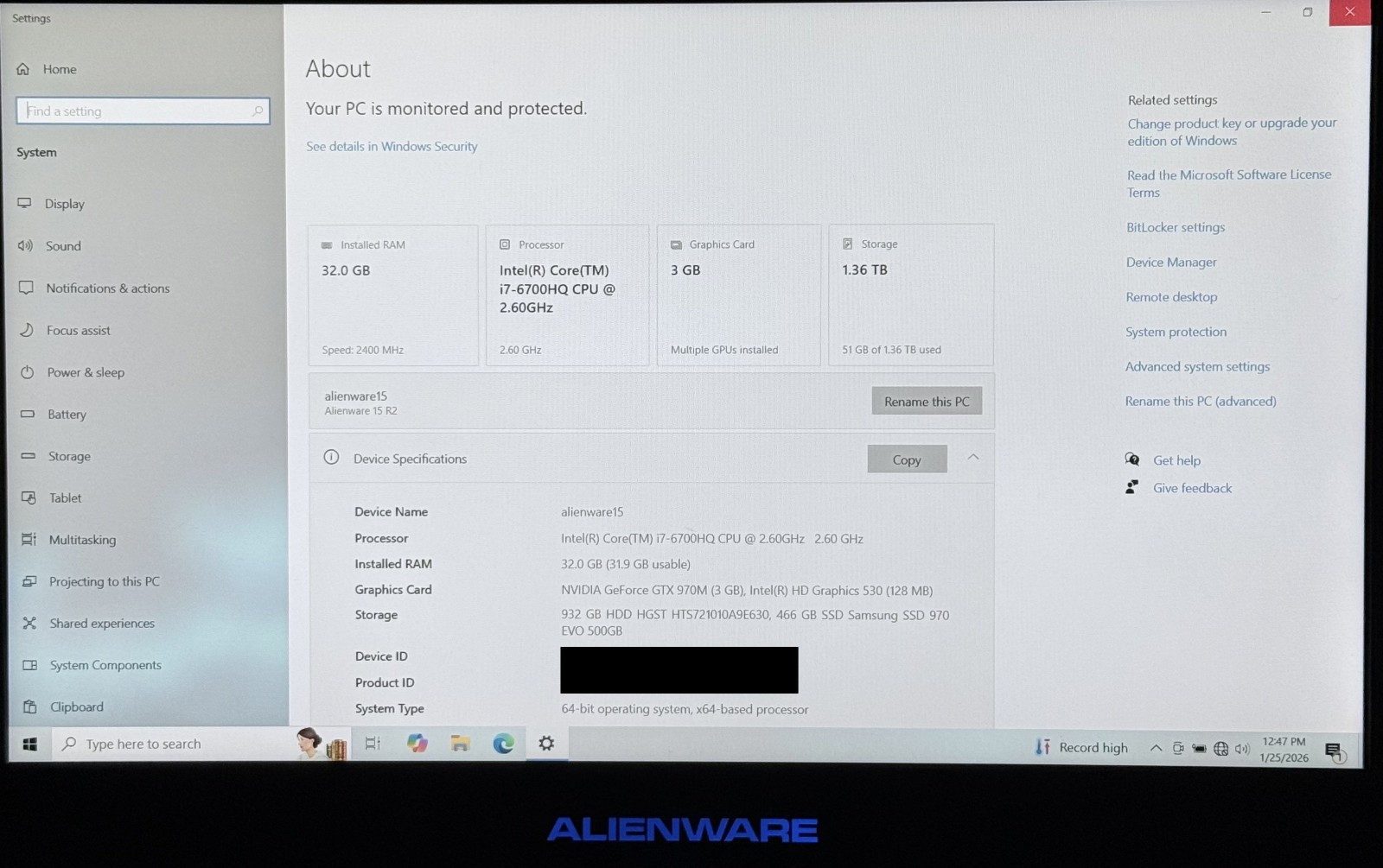 Alienware 15 R2 gaming laptop, 1.5TB storage, 32GB RAM, 3GB GeForce GTX 970M