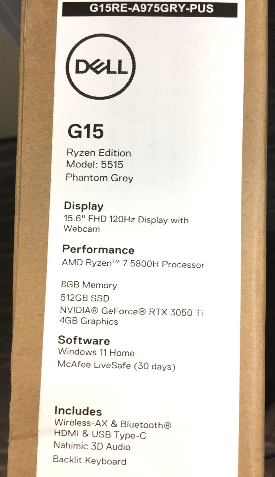 Dell G15 5515 15.6 FHD Gaming Laptop/Ryzen 7 5800H/8GB/512GB SSD/RTX 3050Ti/W11H