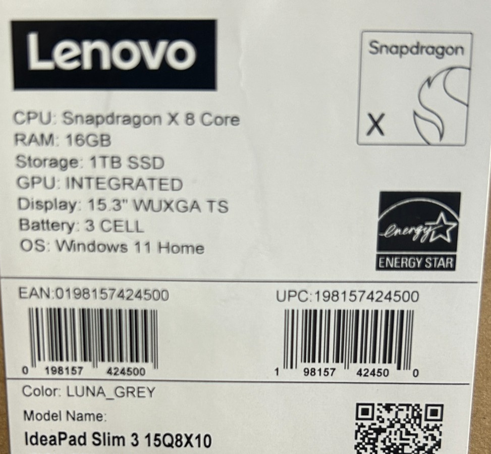 Lenovo IdeaPad Slim 3x 15Q8X10 Snapdragon X 16GB 1TB 15.3″ Laptop | EXCELLENT |