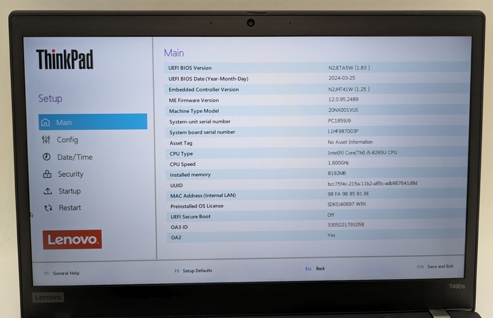 Lenovo ThinkPad T490s 14″ Laptop i5-8265U 1.60GHz 8GB RAM 256GB NVMe Win 11 Pro