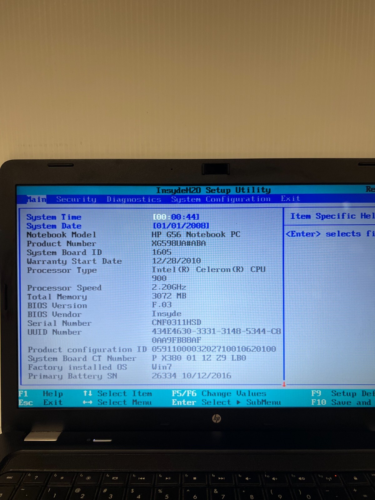 HP G56-129WM 15″ Laptop, intel celeron 900, 3GB RAM, No HDD