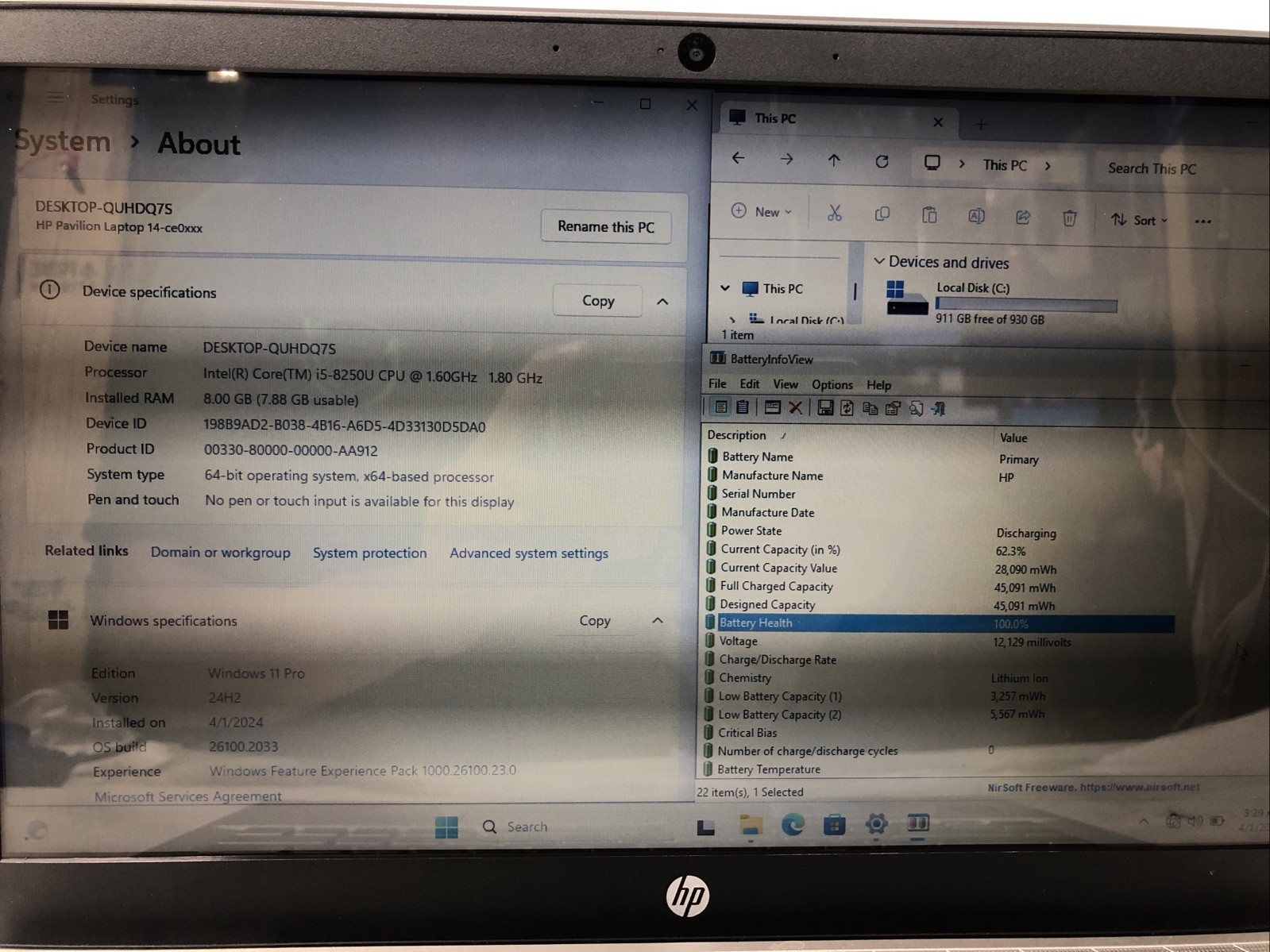 HP Pavilion 14-ce0xxx, Intel Core i5-8250U @1.60Ghz, 8GB RAM, 1TB HDD, W11