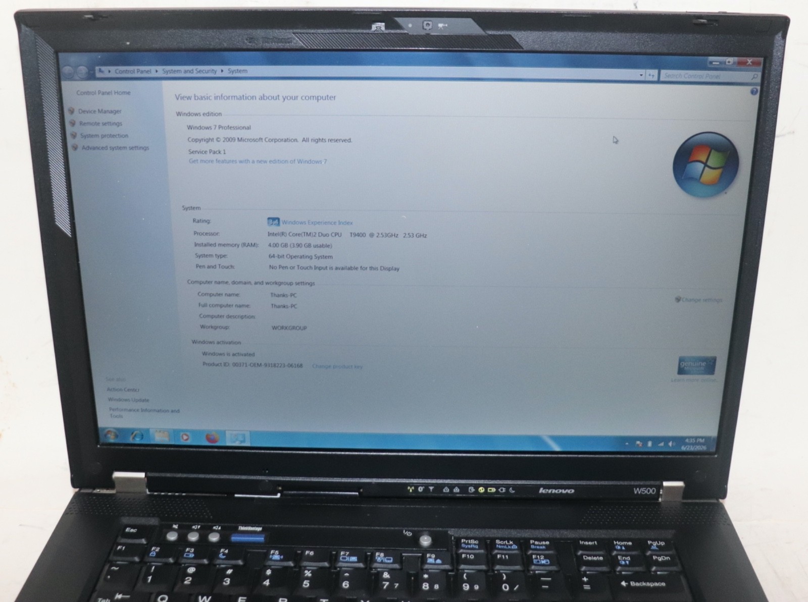 Lenovo ThinkPad W500|IntelCore Duo@2.53GHz|4GB RAM|500GB HDD|WIN 7 Prof|Webcam