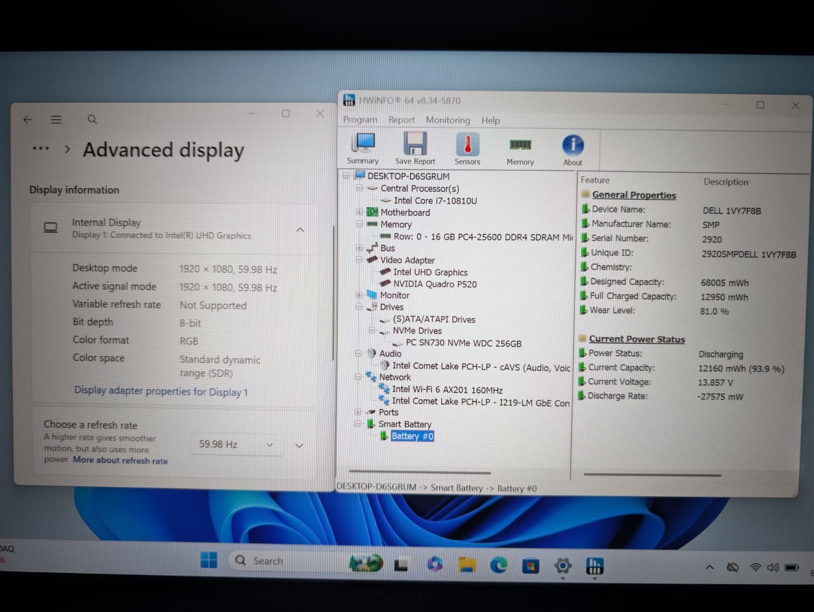 15″ Dell Precision 3550 | i7 10th 16GB RAM 256GB SSD | FHD NVIDIA P520 Backlit