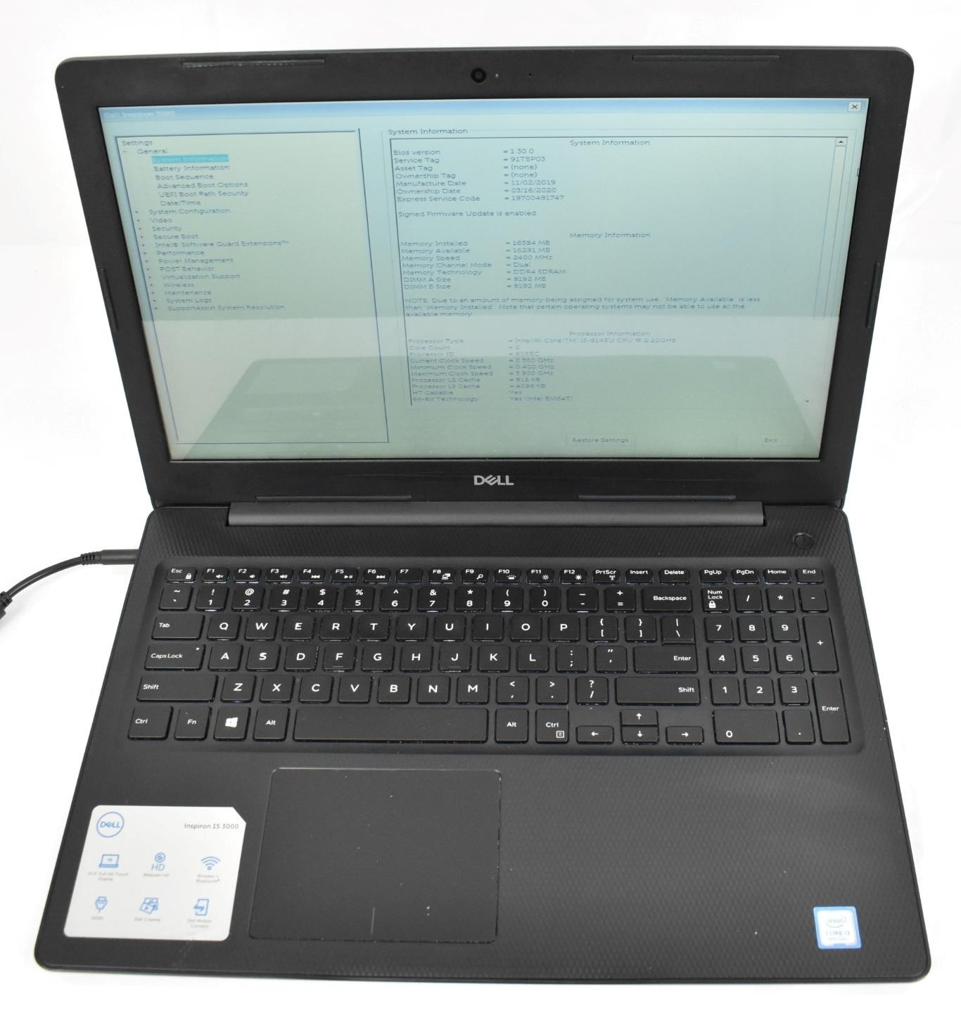 Dell Inspiron 3583 Touch Laptop i3-8145U 2.1GHz 16GB 512GB SSD No OS 15.6″