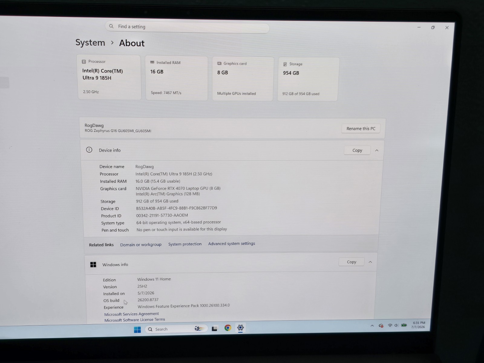ASUS ROG Zephyrus G16 16in Ultra 9 185H RTX 4070 16GB 1TB W11H