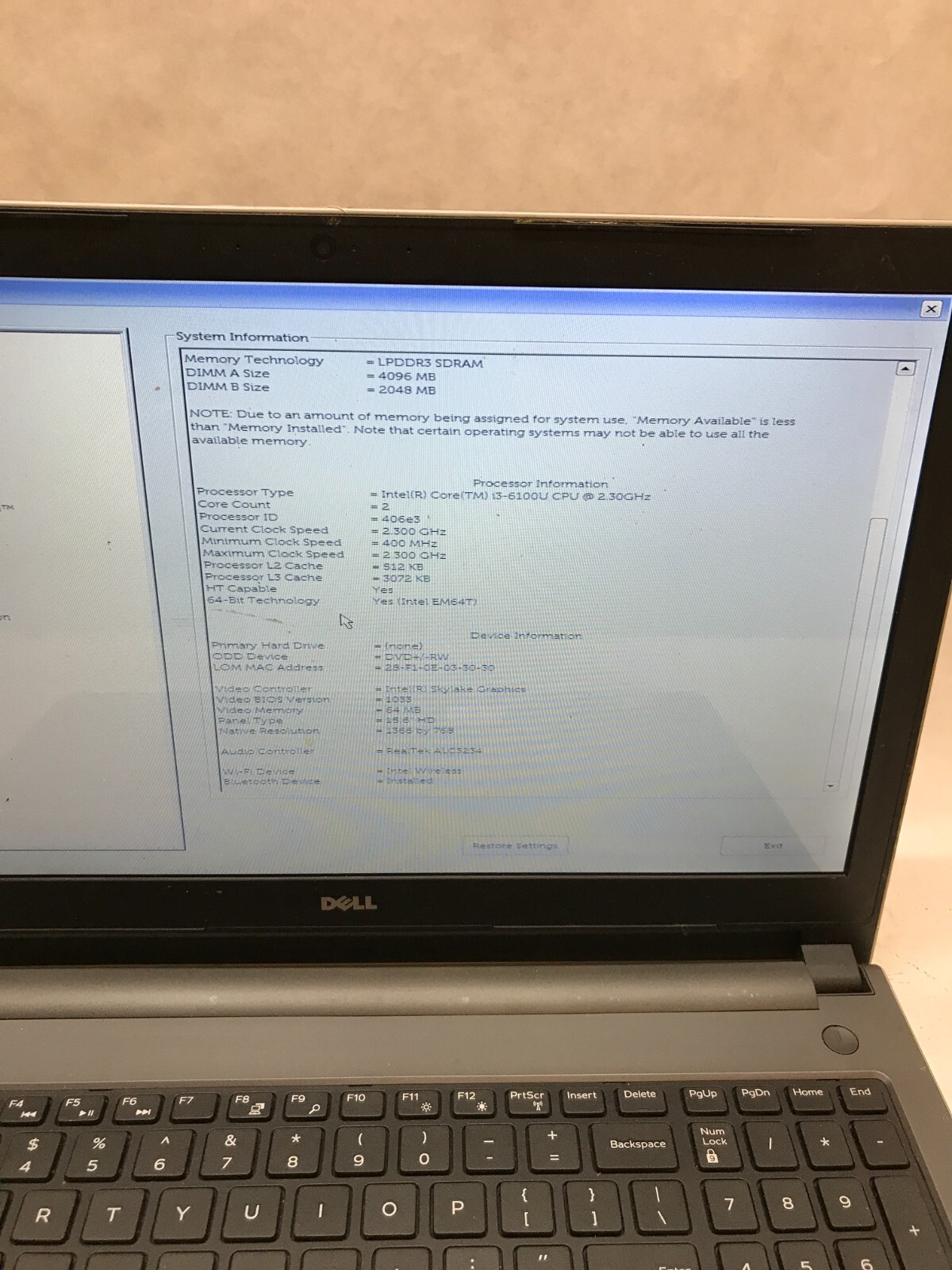 Dell Inspiron 5559 15″ Laptop Intel Core i3-6100U 2.3GHz 6GB RAM NO HDD NO OS DW