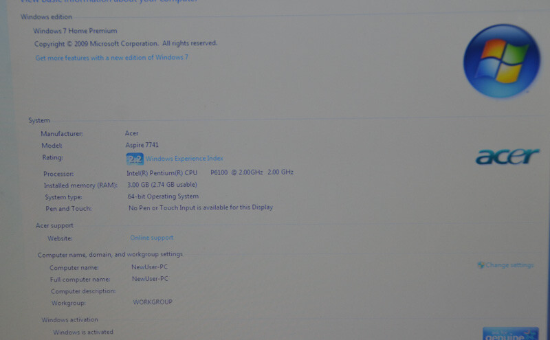 Acer Aspire 7741 Laptop__Intel Pentium CPU P6100 @ 2.00 GHz_3GB RAM_320GB HDD.