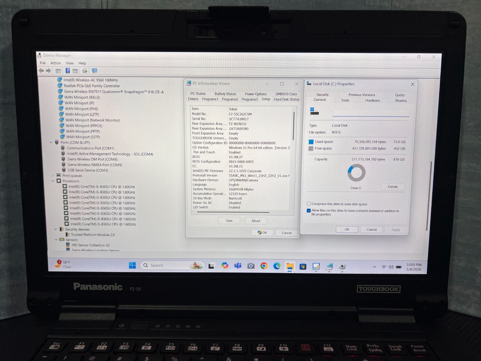 FZ-55C262CVM i5-8365U, 512GB SSD,16GB Mem,GPS,VGA,HDMI,Touchscreen,Win11 25H2.