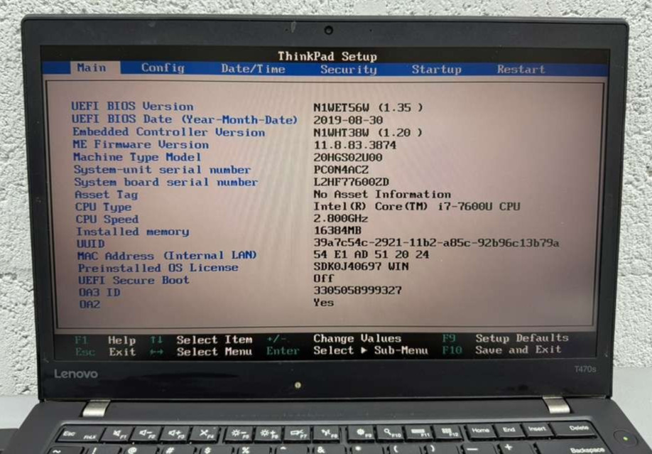 Lenovo ThinkPad T470s 14″ i7-7600U / BIOS LOCKED