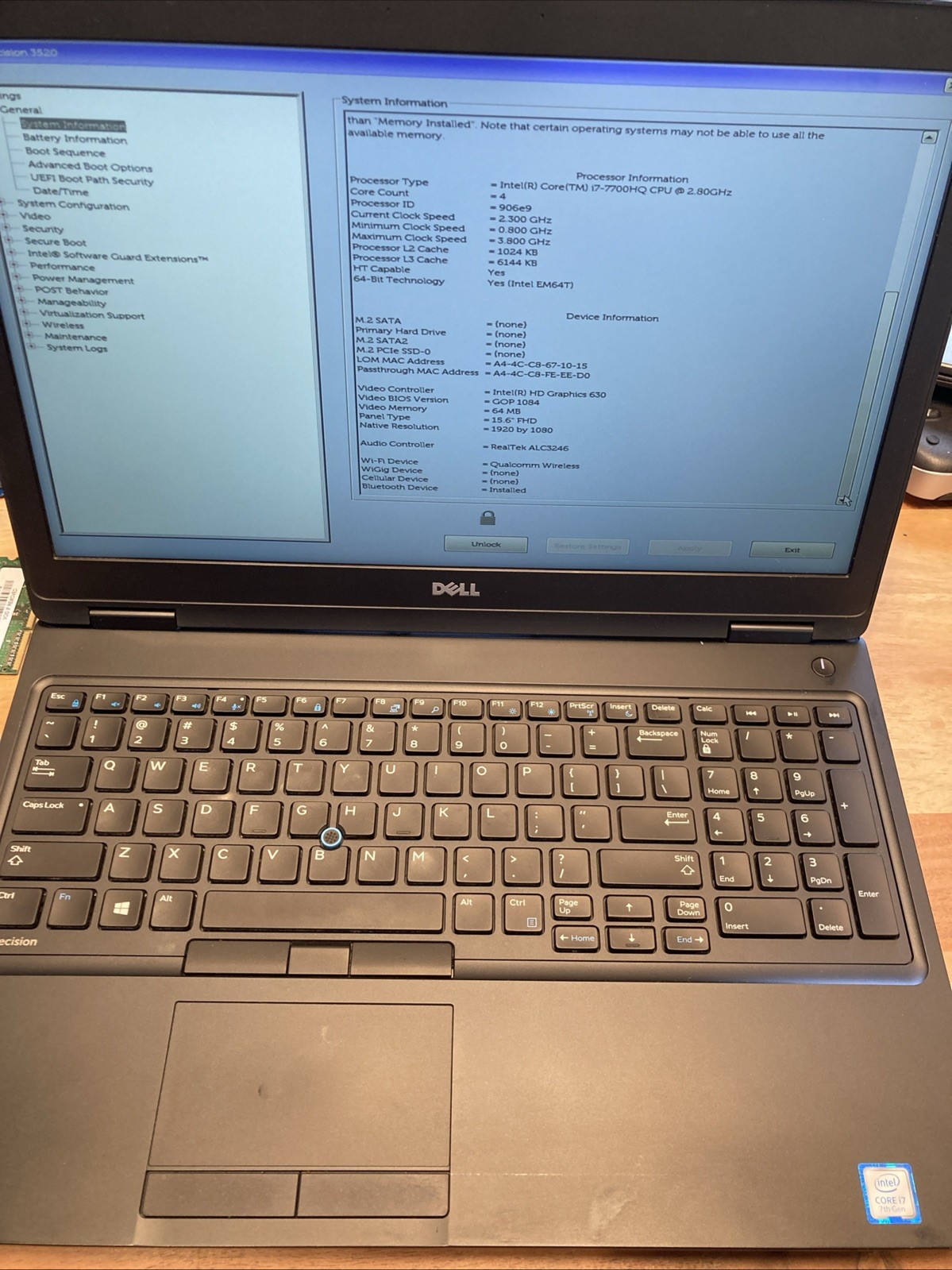 15.6″ Dell Precision 3520 Laptop Intel i7-7700HQ 16gb RAM NO SSD NO OS