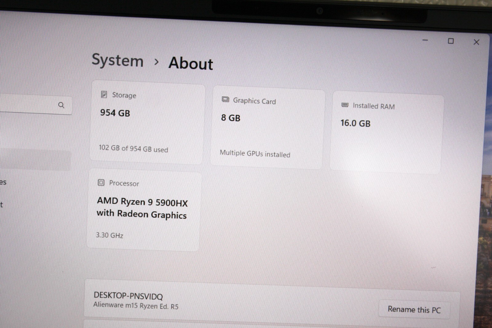 Alienware M15 Ryzen Edition R5 1TB SSD/16GB AMD Ryzen 9 Nvidia Geforce RTX3070