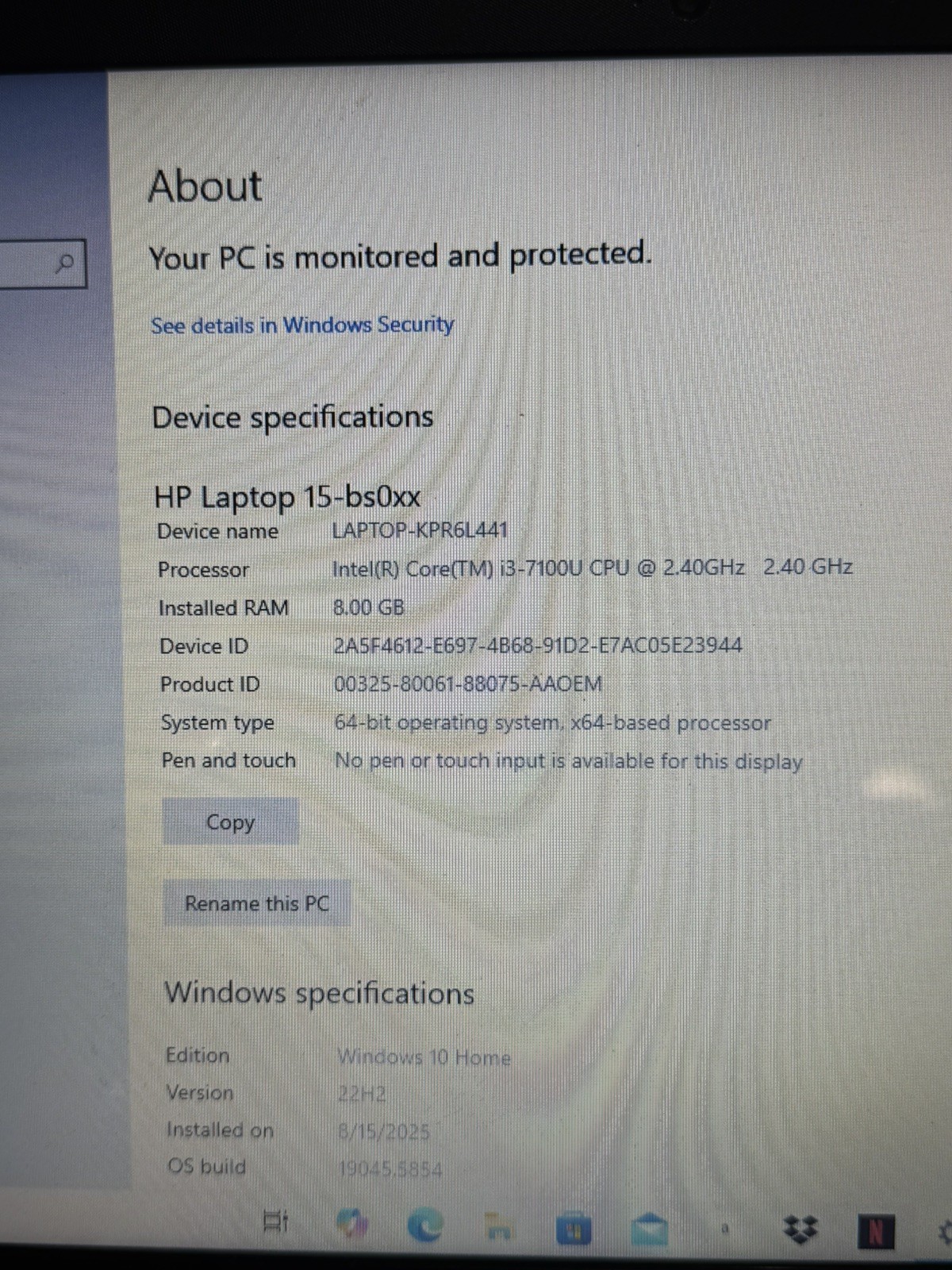 HP Notebook 15-bs0xx 2.4GHz Intel Core i3-7100U CPU 8GB RAM 15″ screen