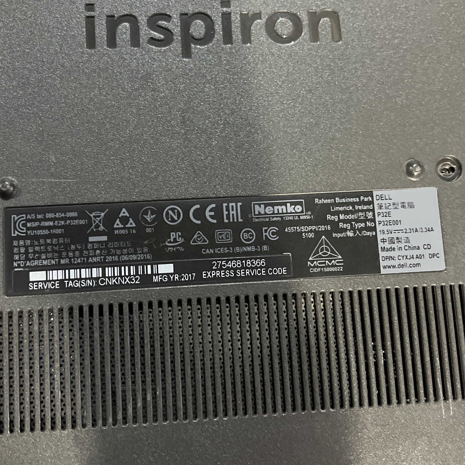 DELL INSPIRON 17 5000 SERIES INTEL CORE I5 7TH GEN 8GB RAM NO HD