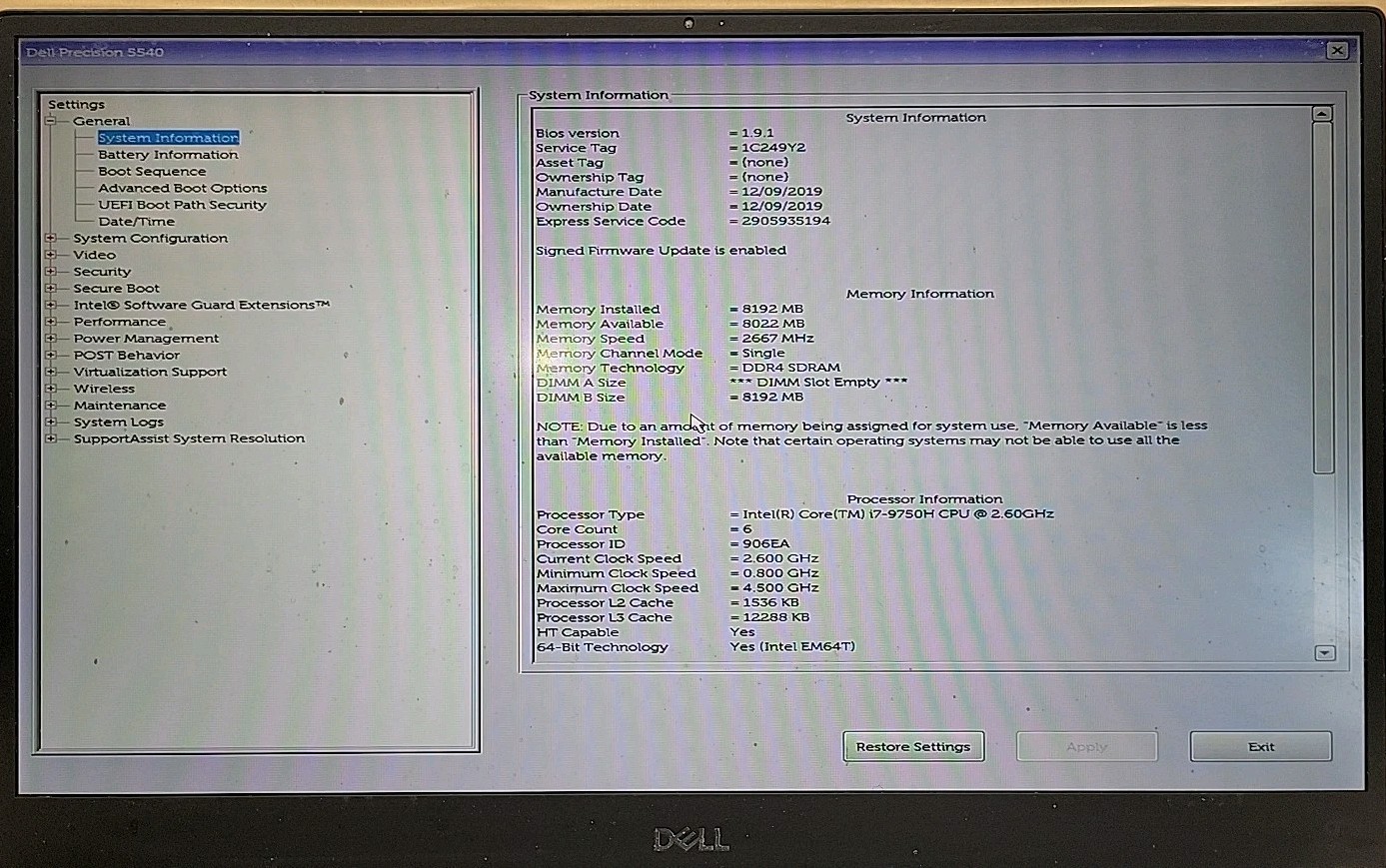 Dell Precision 5540, Intel Core i7-9750H @ 2.6GHz, 8GB RAM, NO SSD, NO OS *READ*