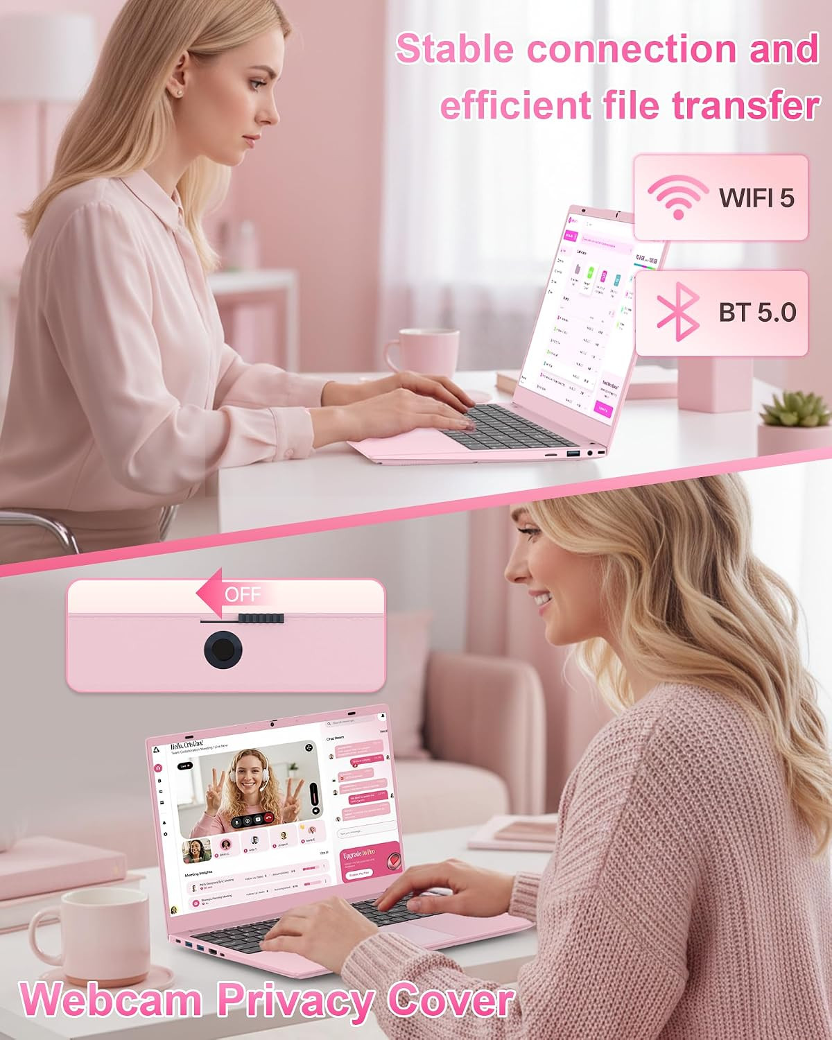 Pink Laptop Computer for Students, 15.6 Inch FHD IPS Display, 12GB RAM 256GB SSD