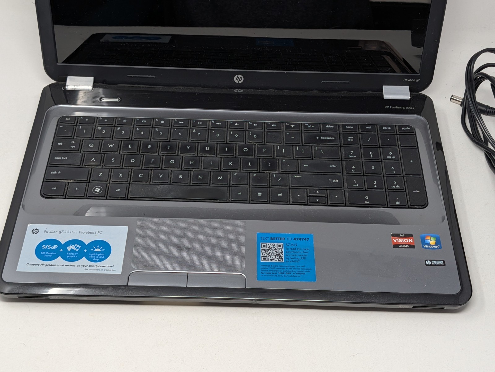 HP Pavilion G7-1312NR Laptop & Charger, AMD A4-3320AM 5GB No HDD Boots To Bios