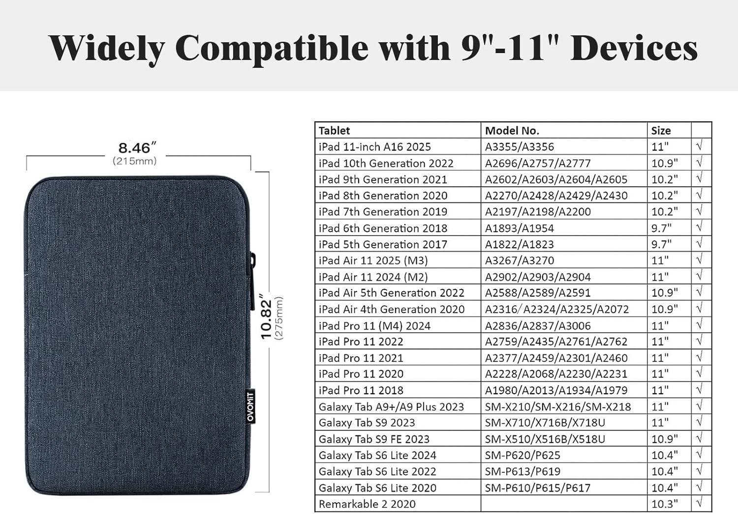9-11″ Tablet Sleeve Bag for iPad 11-inch A16 2025, iPad 10.9″/10.2″ & Galaxy Tab