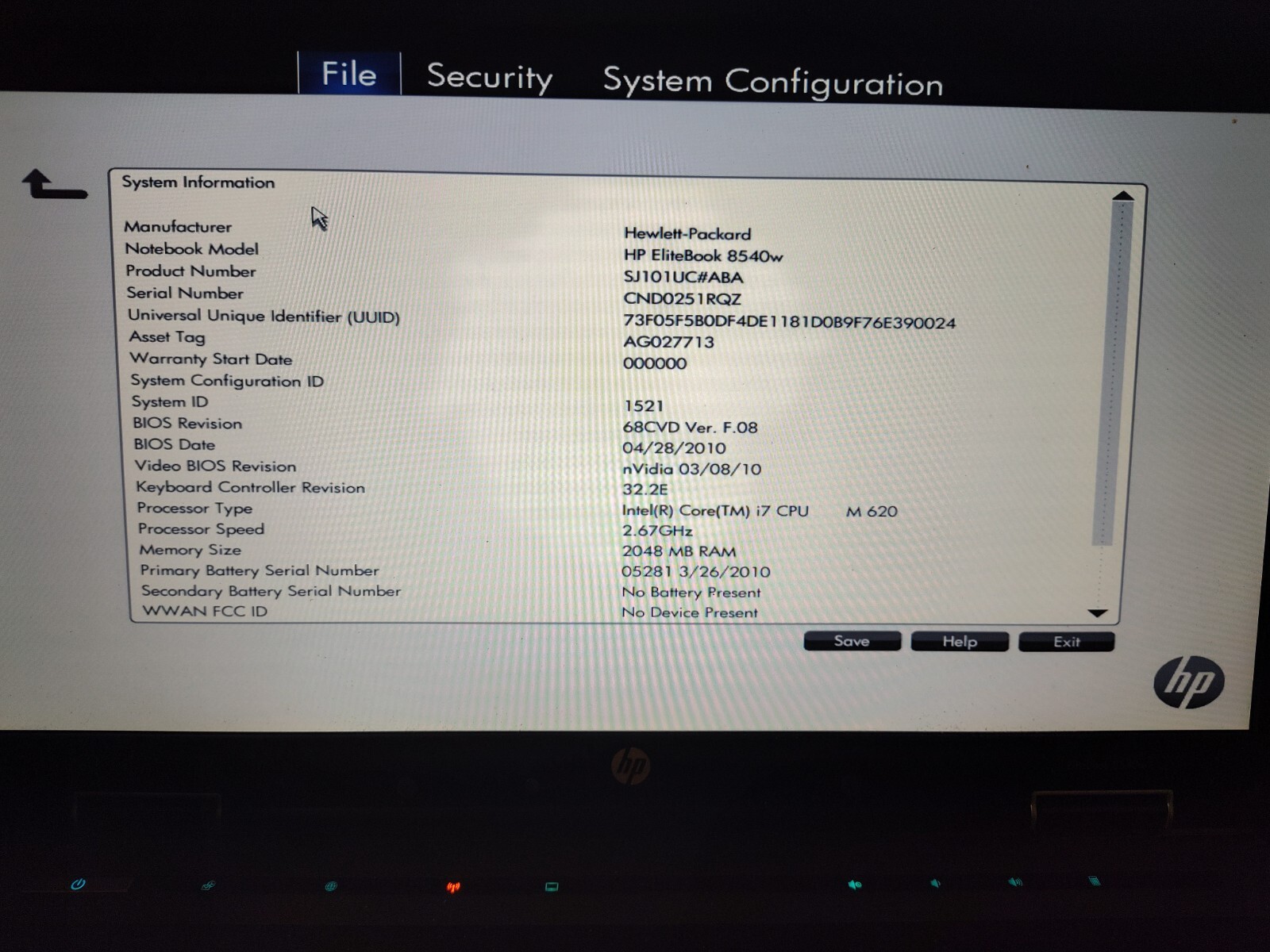 HP EliteBook 8540W Intel Core i7-M620 2.67 GHz 2048MB RAM “NO HDD/OS/NO CHARGER”