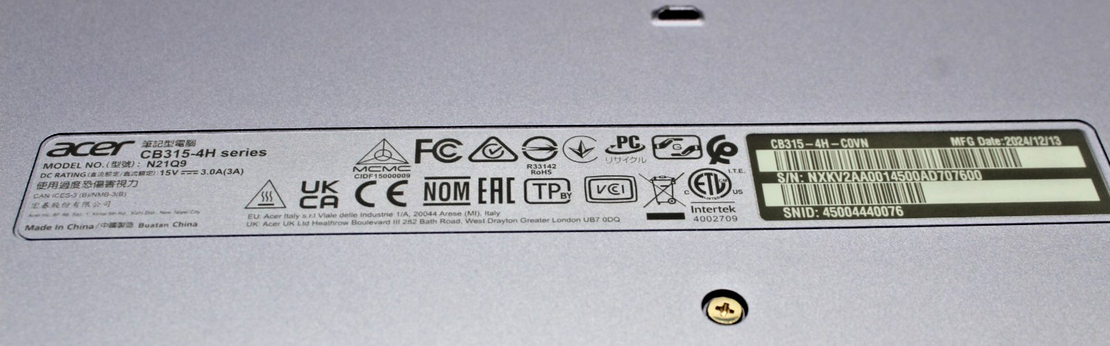 Acer Chromebook CB315-4H-COVN With Charger For Parts/Repair