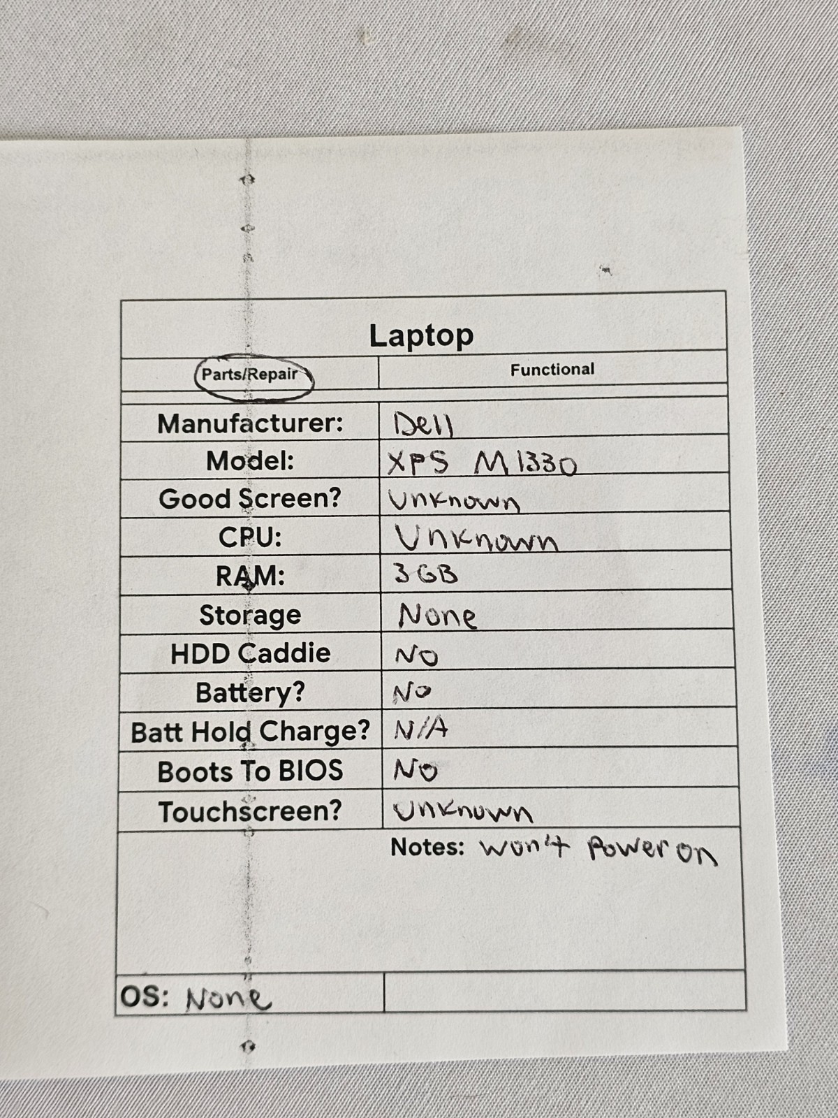 Dell XPS M1330 Laptop – 3GB RAM – WON’T POWER ON – NO BATT – Parts/Repair – READ