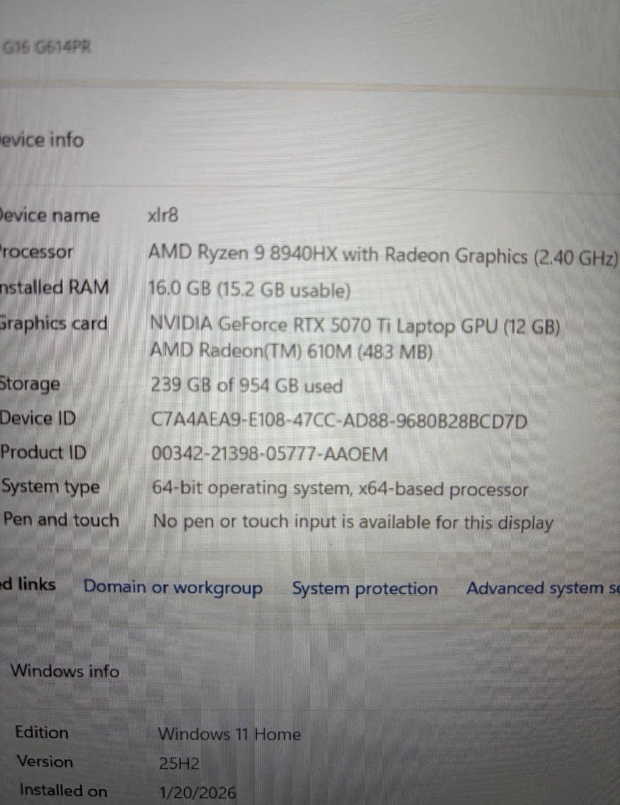 ASUS ROG Strix G614PR 16″ Ryzen 9 8940HX 16GB DDR5 1TB SSD RTX 5070 Ti Win 11 H