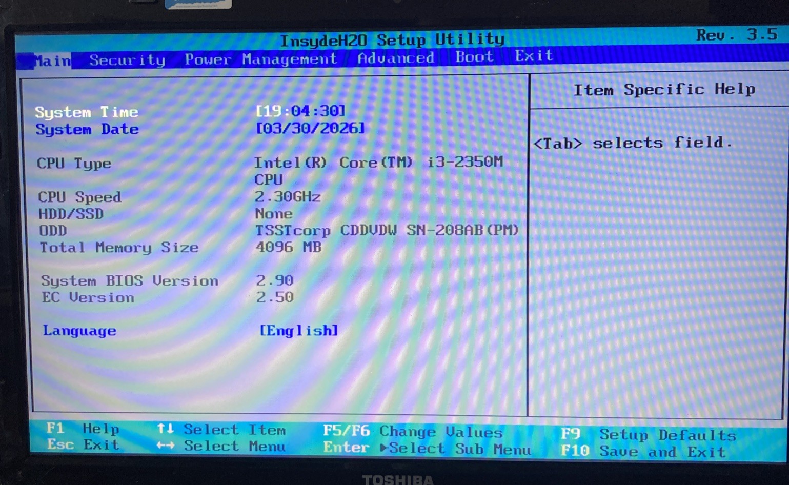 Toshiba Satellite L755-S5151 i3-2350M 2.30GHz 4GB no HDD Boot to BIOS
