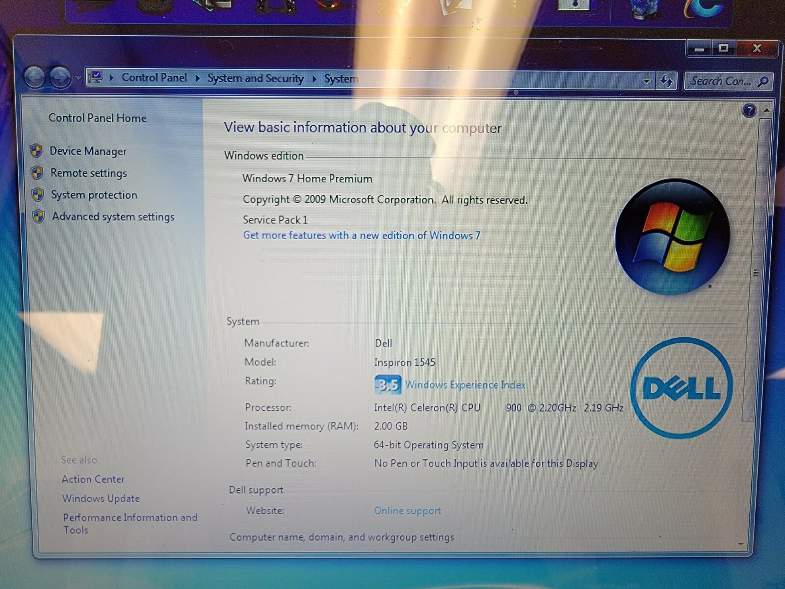 Dell Inspiron 1545 Intel Celeron 900 2.2GHz 4GB RAM 15.6″