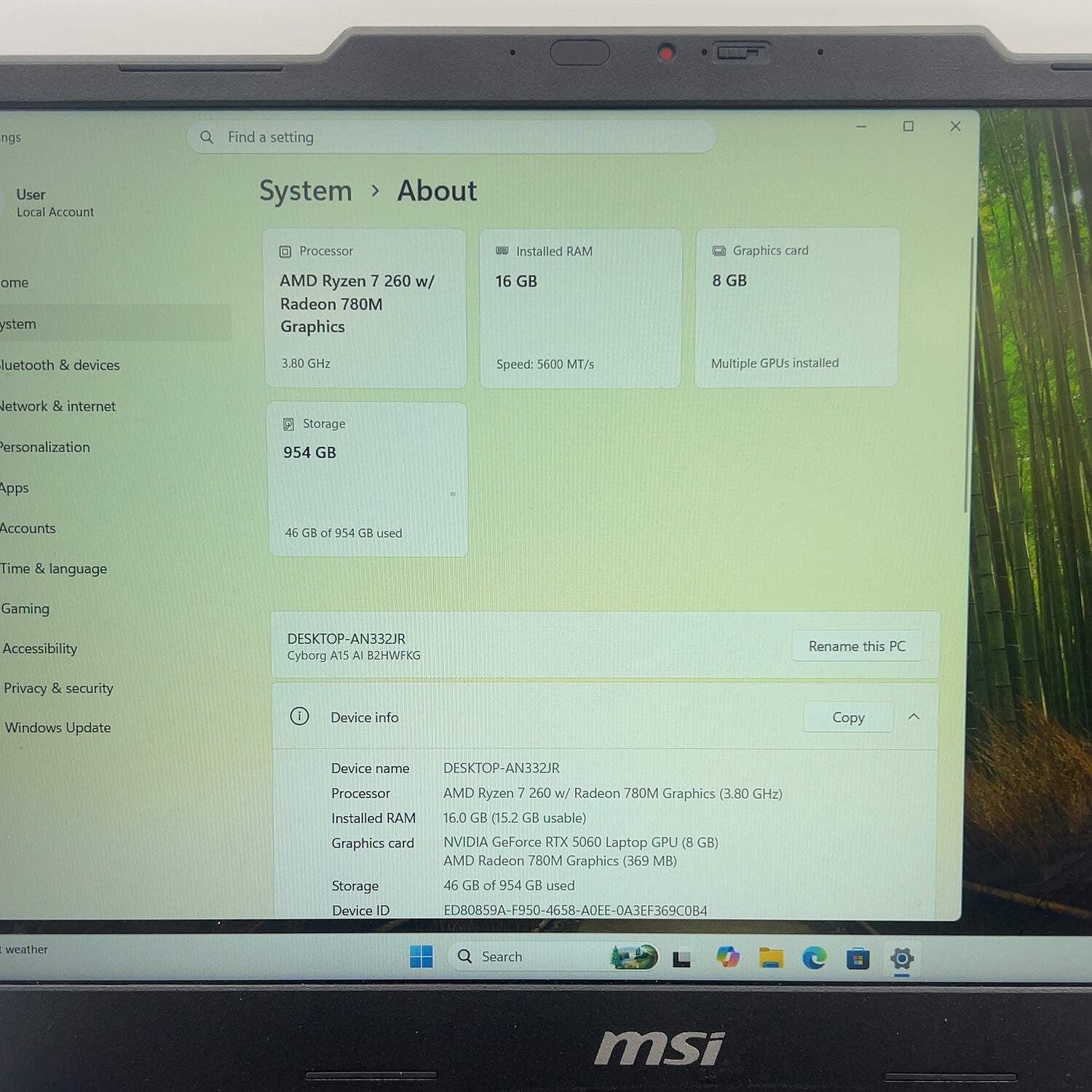 MSI Cyborg A15 15.6″ Ryzen 7 260 3.8GHz 16GB RAM 1TB SSD GeForce RTX 5060
