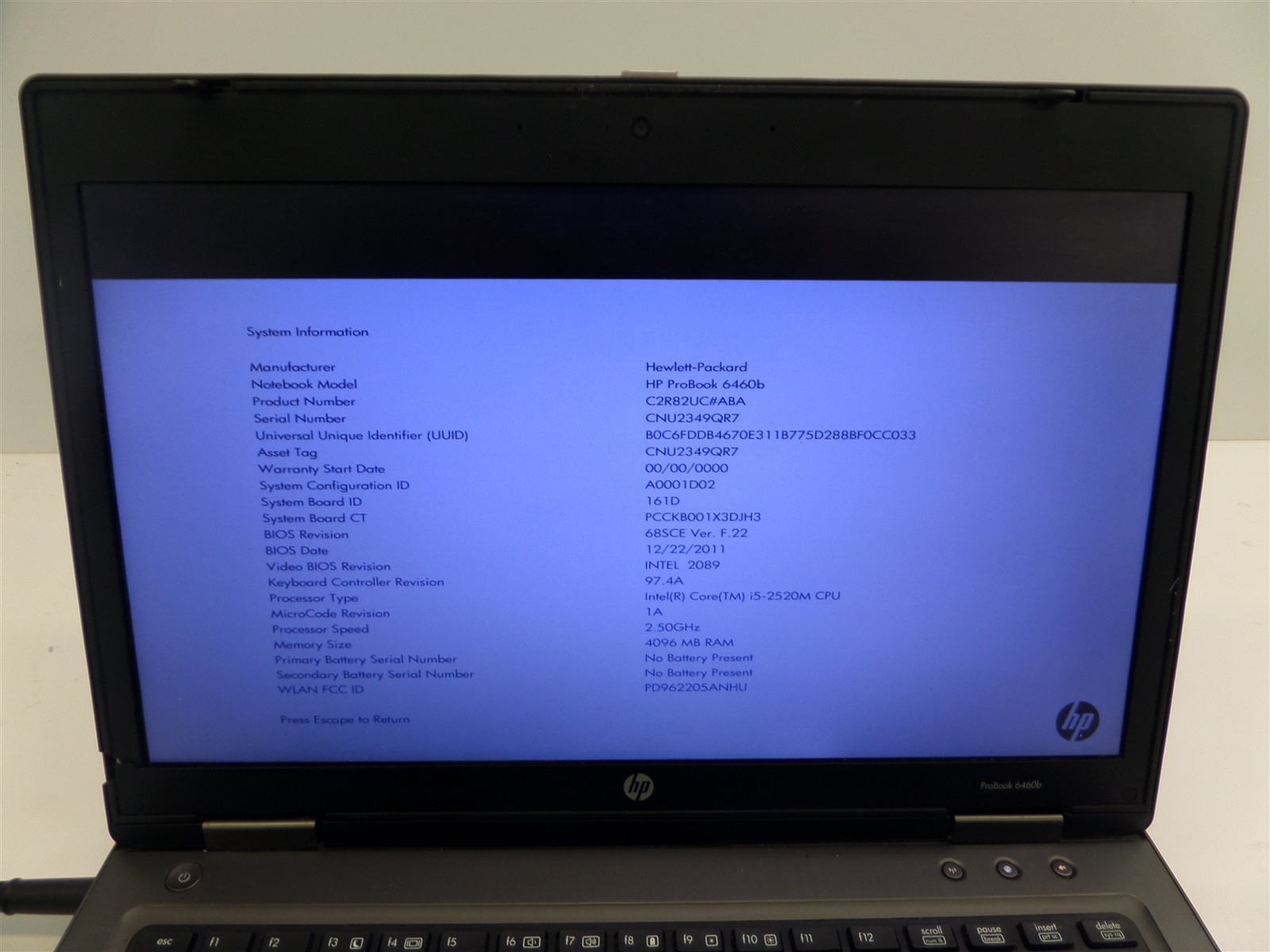 HP ProBook 6460b Core i5-2520M 2.5GHz CPU 4GB RAM Broken Screen No HDD/OS