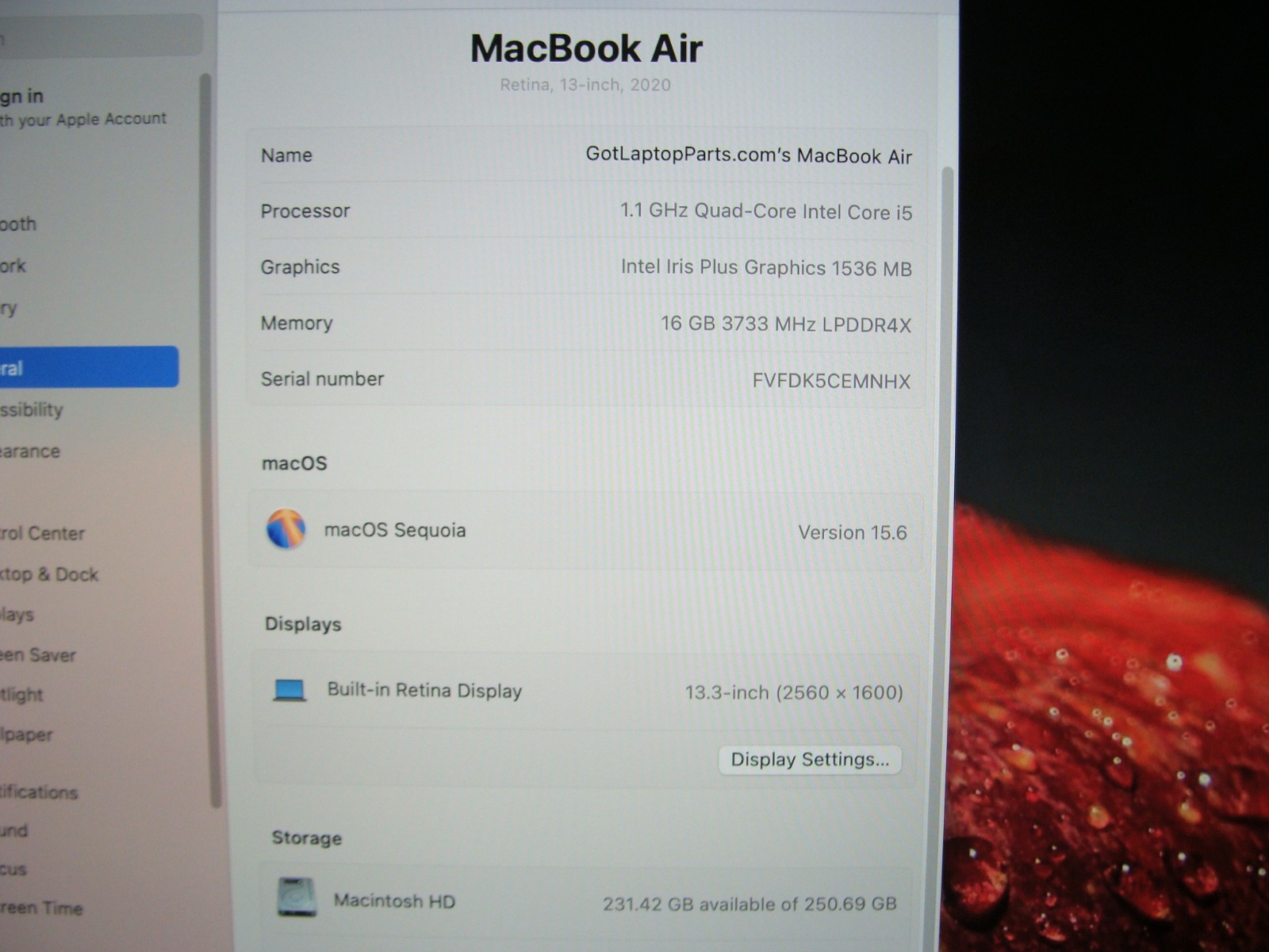 Apple MacBook Air 13.3″ A2179 2020 i5-1030NG7 1.1GHz 16GB 256GB Sequoia MVH2LL/A