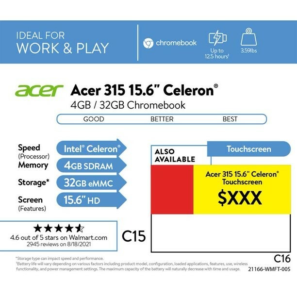 Acer Chromebook 315 CB315-3H-C2C3 15.6 inch (32GB, Intel Celeron N, 1.60GHz,…
